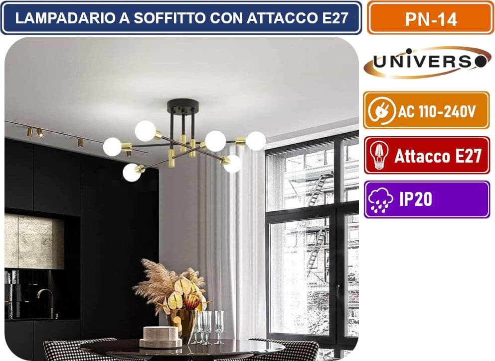 PLAFONIERA LAMPADARIO DA SOFFITTO STILE MODERNO ASTE REGOLBILI CON 6 ATTACCHI PER LAMPADINE E27 - 4