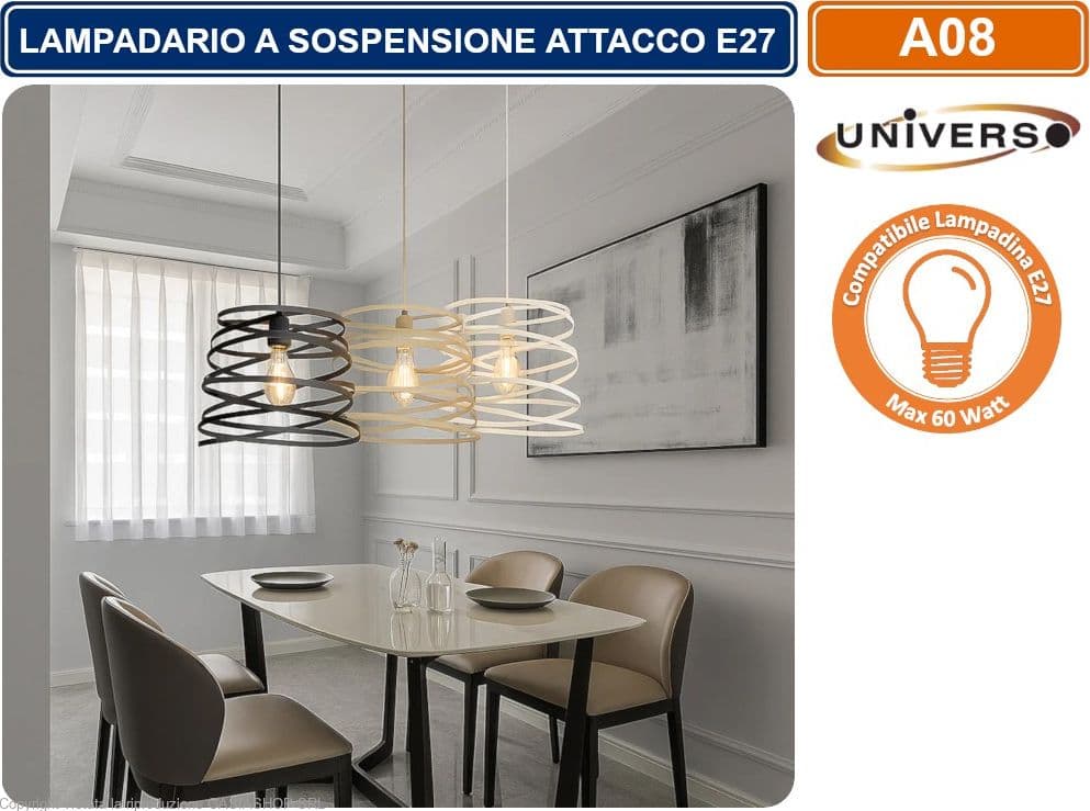 LAMPADARIO MODERNO A SOSPENSIONE CON PARALUME IN METALLO TRAFORATO A VORTICE ATTACCO E27 BIANCO NERO TORTORA - 2