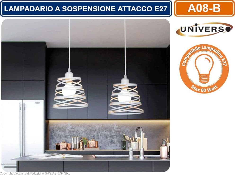 LAMPADARIO MODERNO A SOSPENSIONE CON PARALUME IN METALLO TRAFORATO A VORTICE ATTACCO E27 BIANCO NERO TORTORA - 5