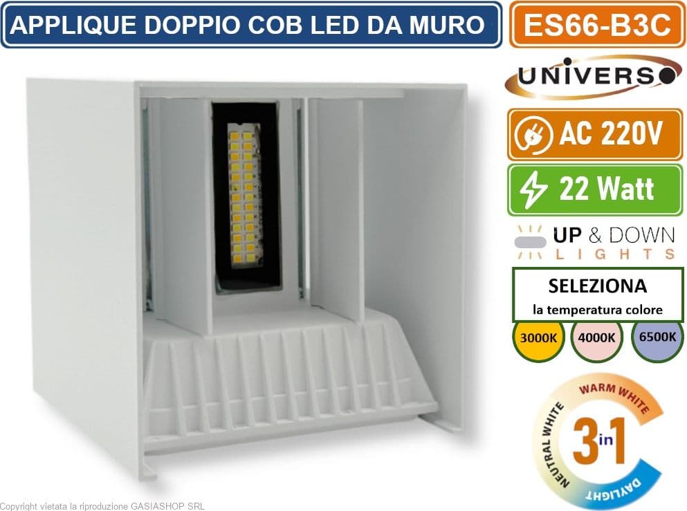 LAMPADA APPLIQUE LED BIANCA DA MURO 22W CON DOPPIA EMISSIONE CT 3 IN 1 TEMPERATURA LUCE SELEZIONABILE DA ESTERNO IP65 - 2