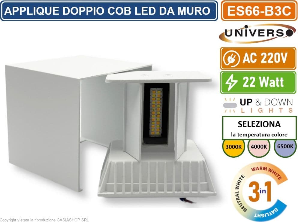 LAMPADA APPLIQUE LED BIANCA DA MURO 22W CON DOPPIA EMISSIONE CT 3 IN 1 TEMPERATURA LUCE SELEZIONABILE DA ESTERNO IP65 - 3