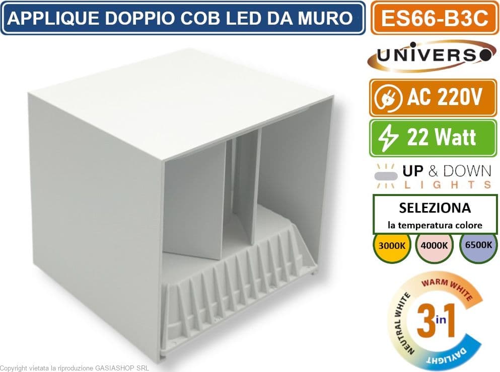 LAMPADA APPLIQUE LED BIANCA DA MURO 22W CON DOPPIA EMISSIONE CT 3 IN 1 TEMPERATURA LUCE SELEZIONABILE DA ESTERNO IP65 - 4