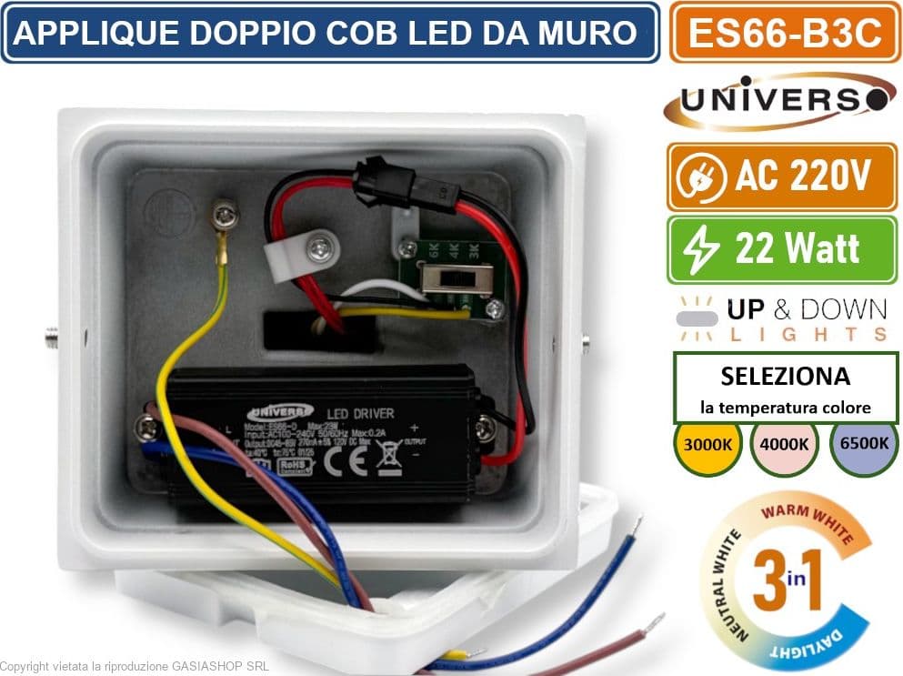 LAMPADA APPLIQUE LED BIANCA DA MURO 22W CON DOPPIA EMISSIONE CT 3 IN 1 TEMPERATURA LUCE SELEZIONABILE DA ESTERNO IP65 - 5