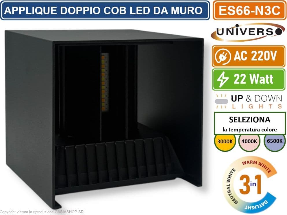 LAMPADA APPLIQUE LED NERA DA MURO 22W CON DOPPIA EMISSIONE CCT 3 IN 1 TEMPERATURA LUCE SELEZIONABILE DA ESTERNO IP65 - 2
