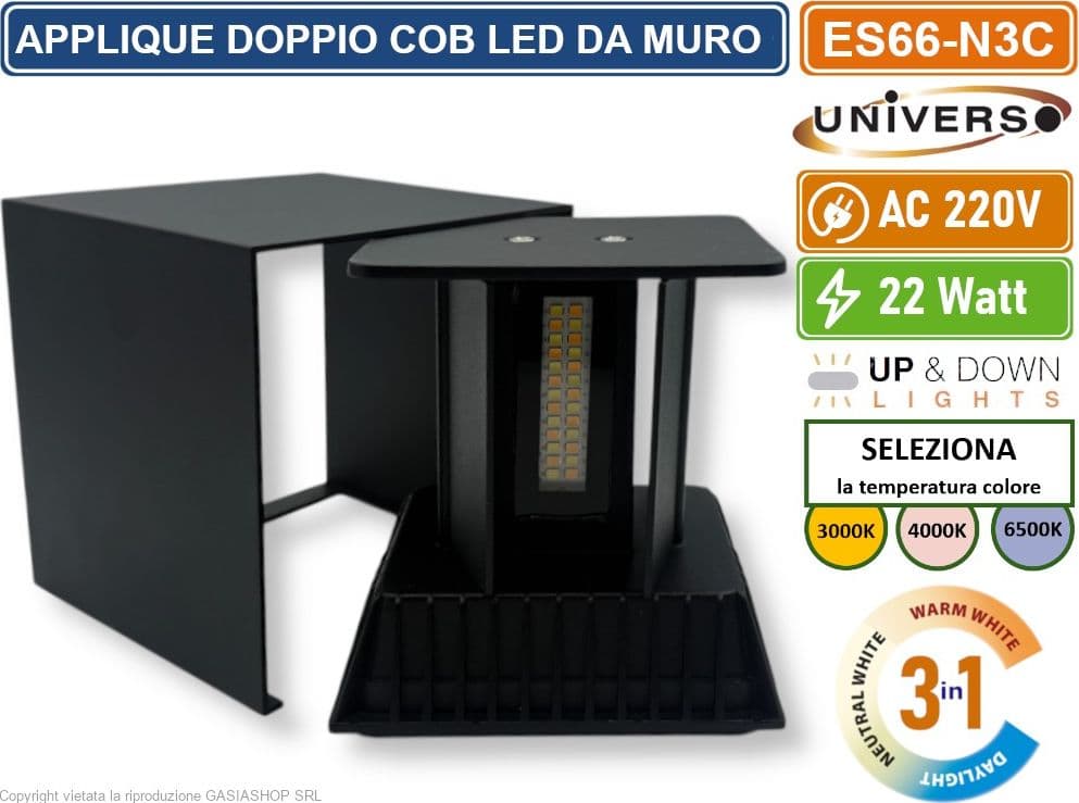 LAMPADA APPLIQUE LED NERA DA MURO 22W CON DOPPIA EMISSIONE CCT 3 IN 1 TEMPERATURA LUCE SELEZIONABILE DA ESTERNO IP65 - 3