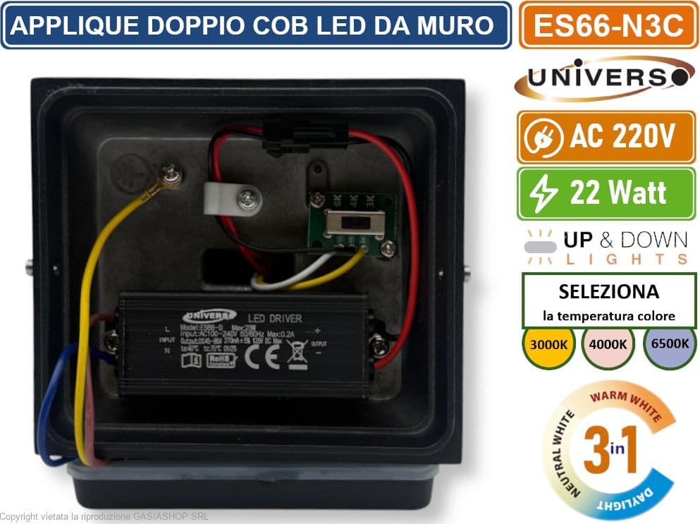LAMPADA APPLIQUE LED NERA DA MURO 22W CON DOPPIA EMISSIONE CCT 3 IN 1 TEMPERATURA LUCE SELEZIONABILE DA ESTERNO IP65 - 4