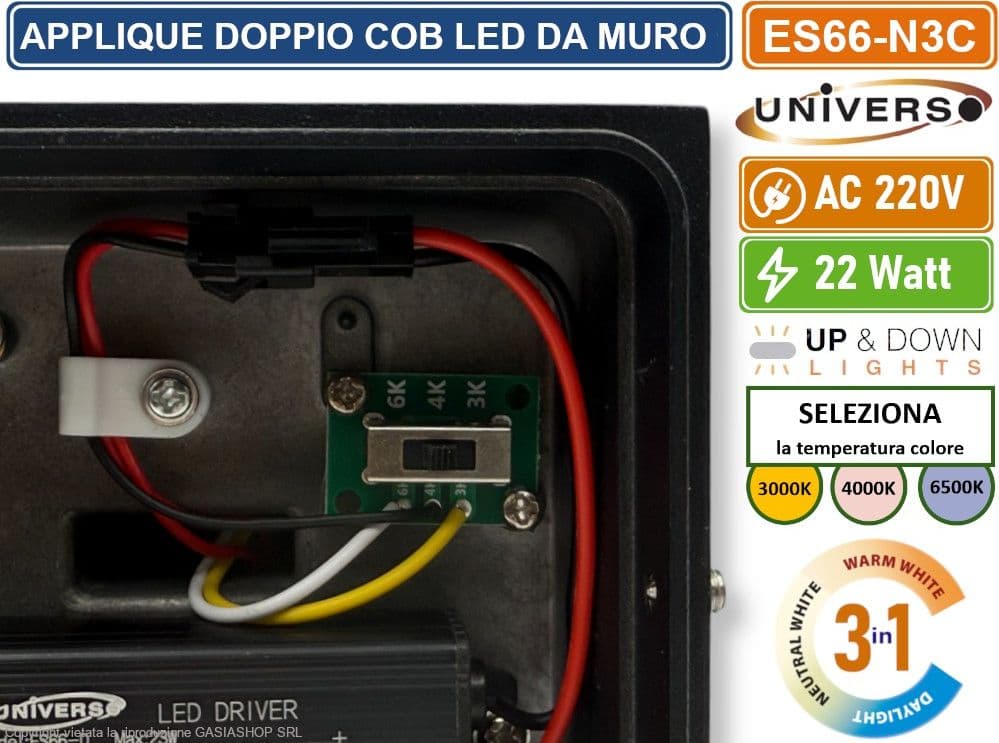 LAMPADA APPLIQUE LED NERA DA MURO 22W CON DOPPIA EMISSIONE CCT 3 IN 1 TEMPERATURA LUCE SELEZIONABILE DA ESTERNO IP65 - 5