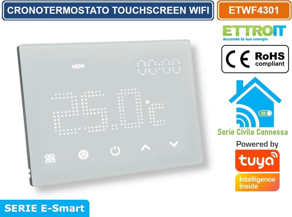 ETTROIT ETWF4301 CRONOTERMOSTATO TOUCH SCREEN AC 230V SMART WI-FI DA INCASSO SU SCATOLA 503 APP TUYA BIANCO - 2
