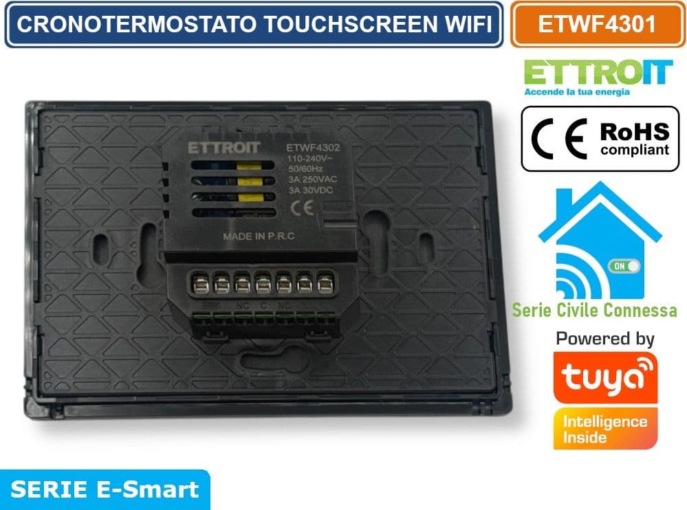 ETTROIT ETWF4301 CRONOTERMOSTATO TOUCH SCREEN AC 230V SMART WI-FI DA INCASSO SU SCATOLA 503 APP TUYA BIANCO - 4