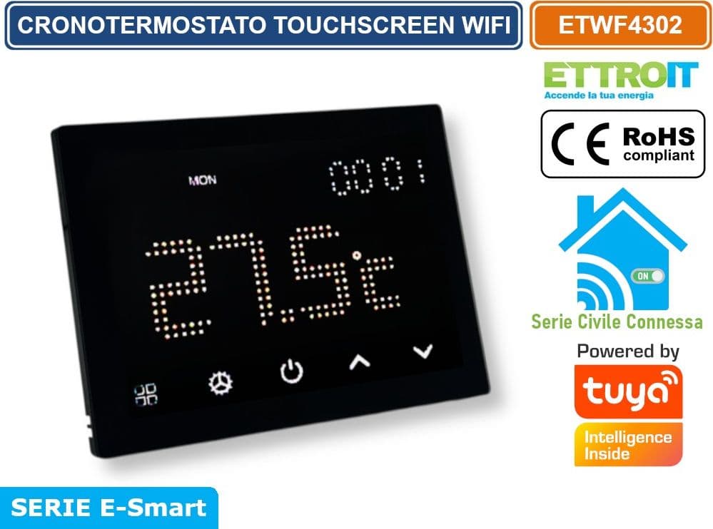 ETTROIT ETWF4302 CRONOTERMOSTATO TOUCH SCREEN AC 230V SMART WI-FI DA INCASSO SU SCATOLA 503 APP TUYA NERO - 2