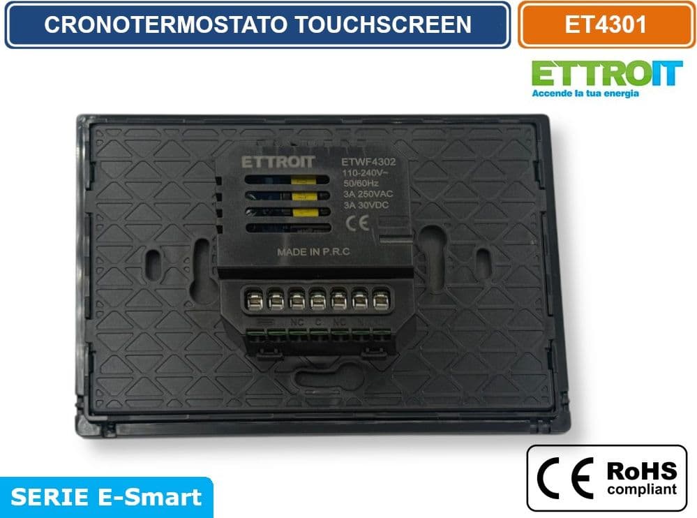 ETTROIT ET4301 CRONOTERMOSTATO TOUCH SCREEN AC 230V PROGRAMMABILE DA INCASSO SU SCATOLA 503 BIANCO - 4