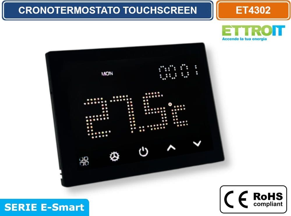 ETTROIT ET4302 CRONOTERMOSTATO TOUCH SCREEN AC 230V PROGRAMMABILE DA INCASSO SU SCATOLA 503 NERO - 2