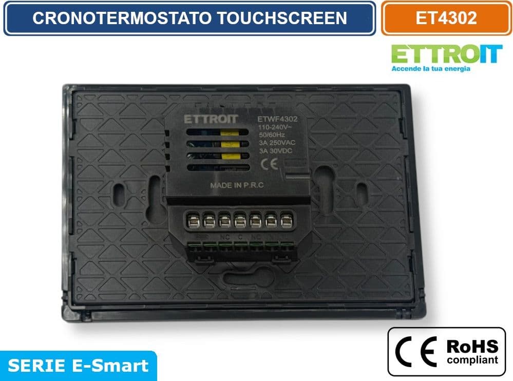 ETTROIT ET4302 CRONOTERMOSTATO TOUCH SCREEN AC 230V PROGRAMMABILE DA INCASSO SU SCATOLA 503 NERO - 5