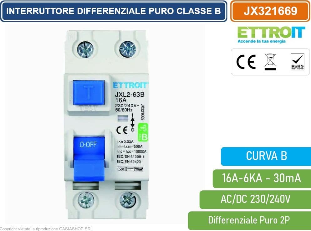 ETTROIT JX321669 INTERRUTTORE MAGNETOTERMICO DIFFERENZIALE PURO 2P 16A 30mA 6KA AC/DC 220V CURVA B - 2