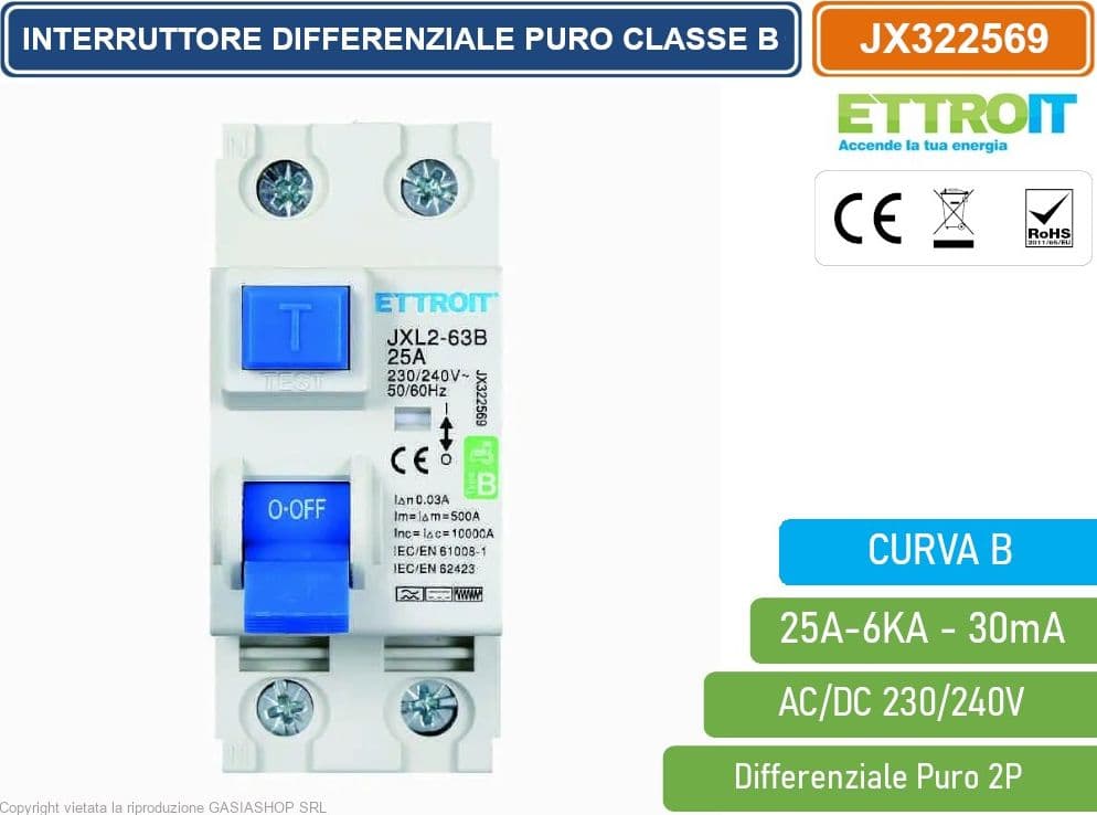 ETTROIT JX322569 INTERRUTTORE MAGNETOTERMICO DIFFERENZIALE PURO 2P 25A 30mA 6KA AC/DC 220V CURVA B - 2