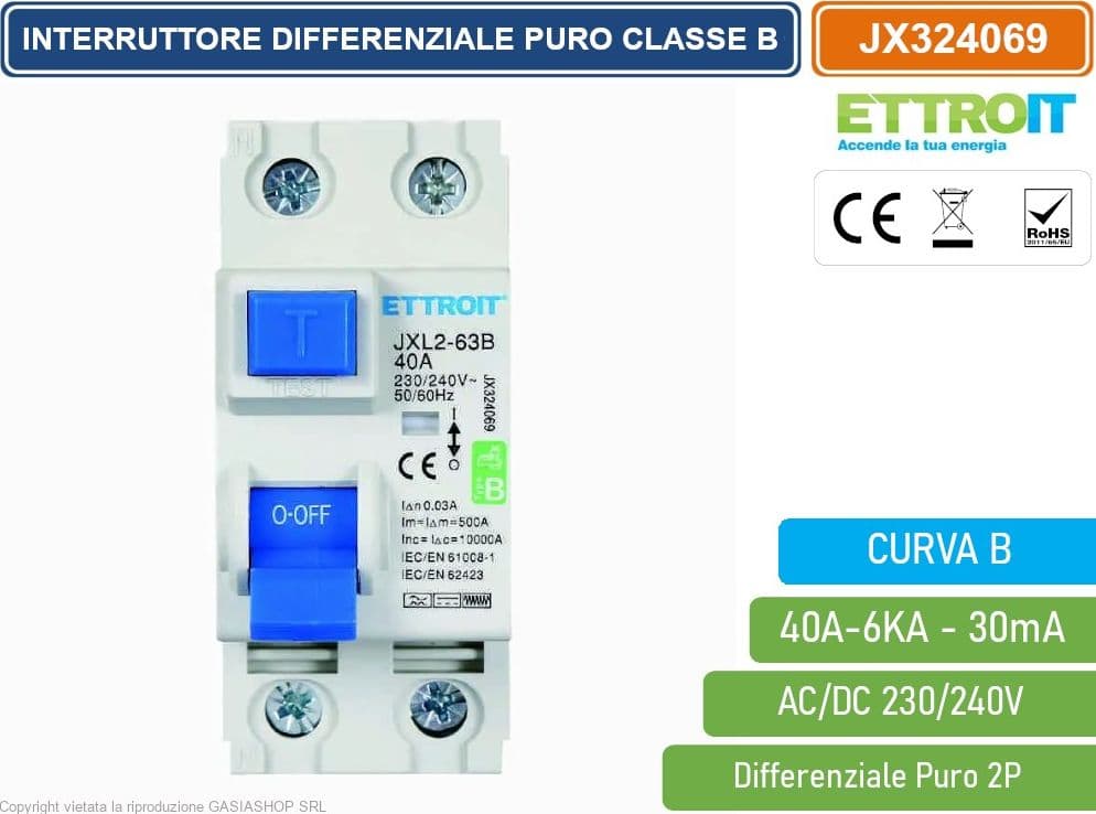 ETTROIT JX324069 INTERRUTTORE MAGNETOTERMICO DIFFERENZIALE PURO 2P 40A 30mA 6KA AC/DC 220V CURVA B - 2
