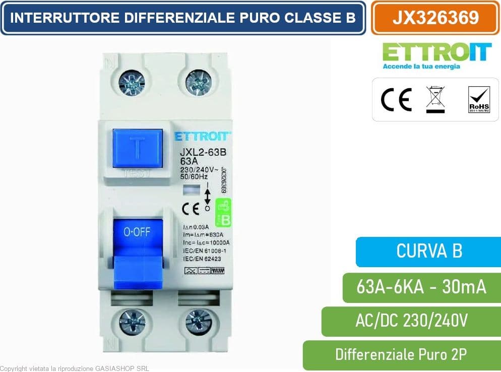 ETTROIT JX326369 INTERRUTTORE MAGNETOTERMICO DIFFERENZIALE PURO 2P 63A 30mA 6KA AC/DC 220V CURVA B - 2