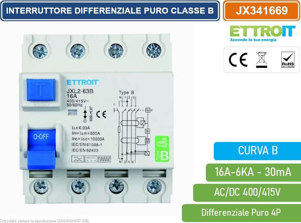 ETTROIT JX341669 INTERRUTTORE MAGNETOTERMICO DIFFERENZIALE PURO 4P 16A 30mA 6KA AC/DC 380V CURVA B - 2