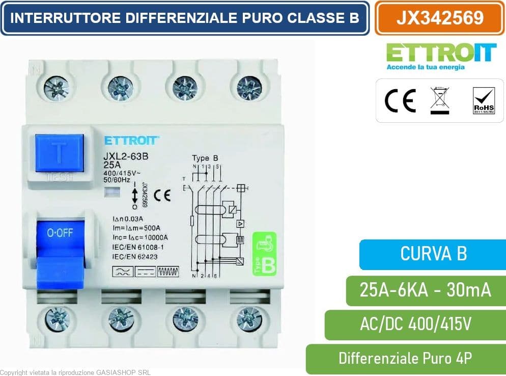 ETTROIT JX342569 INTERRUTTORE MAGNETOTERMICO DIFFERENZIALE PURO 4P 25A 30mA 6KA AC/DC 380V CURVA B - 2