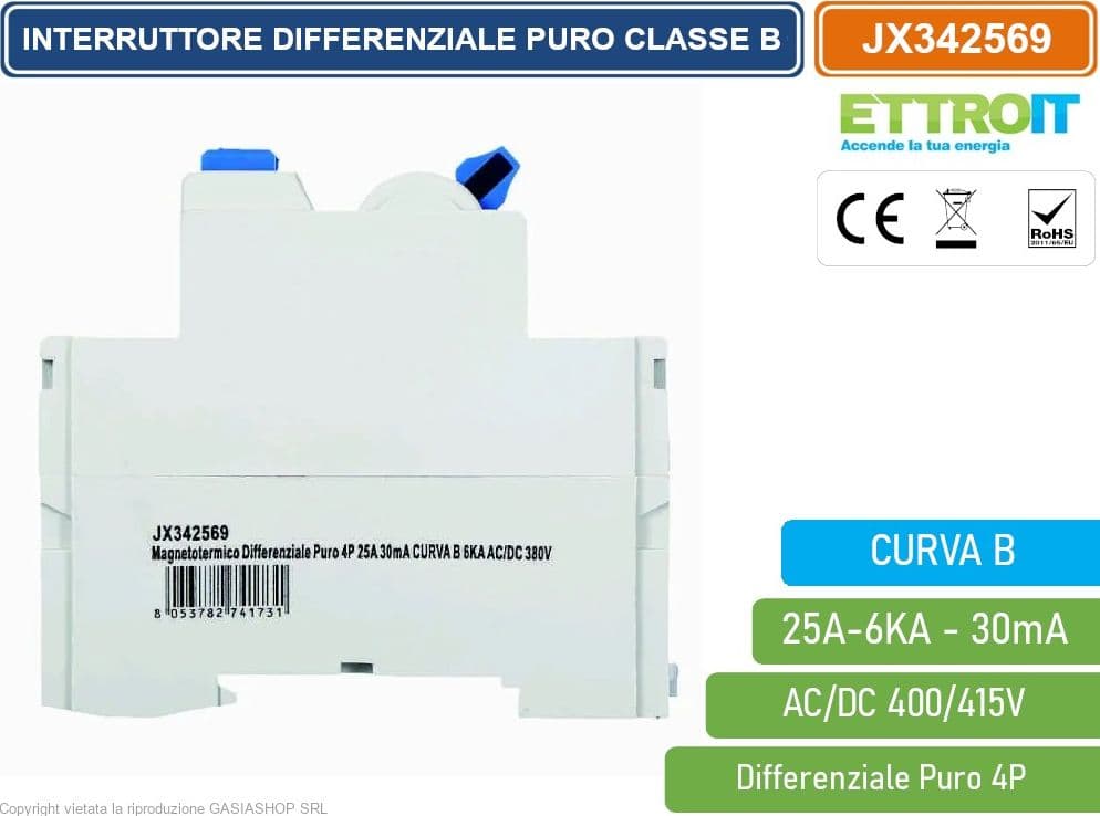 ETTROIT JX342569 INTERRUTTORE MAGNETOTERMICO DIFFERENZIALE PURO 4P 25A 30mA 6KA AC/DC 380V CURVA B - 3