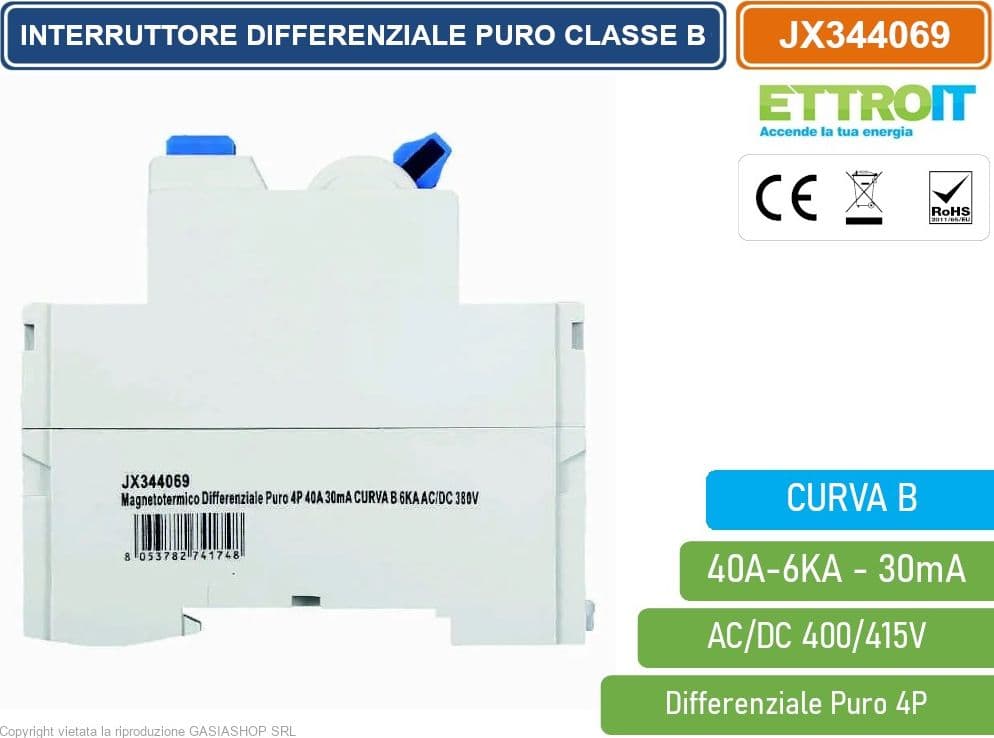 ETTROIT JX344069 INTERRUTTORE MAGNETOTERMICO DIFFERENZIALE PURO 4P 40A 30mA 6KA AC/DC 380V CURVA B - 2
