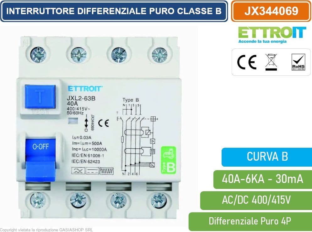 ETTROIT JX344069 INTERRUTTORE MAGNETOTERMICO DIFFERENZIALE PURO 4P 40A 30mA 6KA AC/DC 380V CURVA B - 3