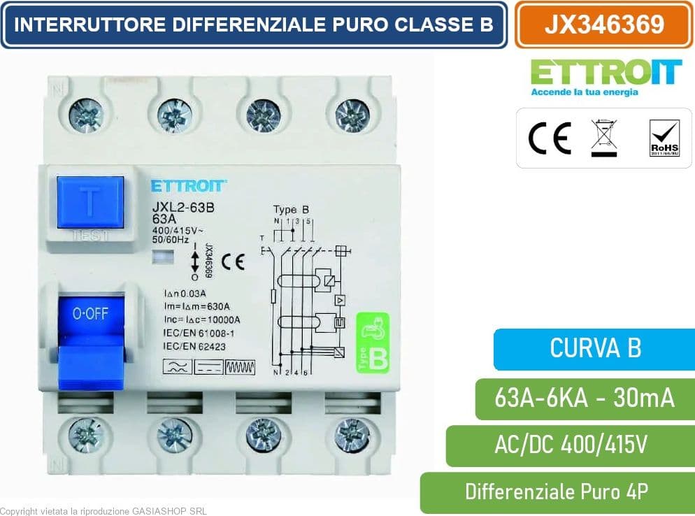 ETTROIT JX346369 INTERRUTTORE MAGNETOTERMICO DIFFERENZIALE PURO 4P 63A 30mA 6KA AC/DC 380V CURVA B - 2