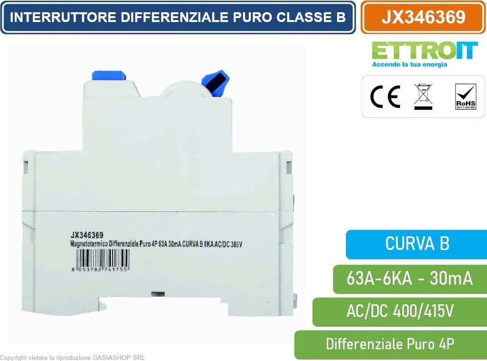 ETTROIT JX346369 INTERRUTTORE MAGNETOTERMICO DIFFERENZIALE PURO 4P 63A 30mA 6KA AC/DC 380V CURVA B - 3