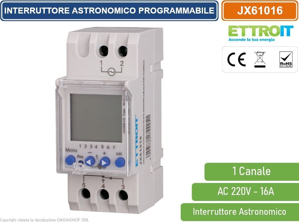 ETTROIT JXR610 INTERRUTTORE ASTRONOMICO SU GUIDA DIN ORARIO SETTIMANALE PROGRAMMABILE 1 CANALE AC 220V 16A