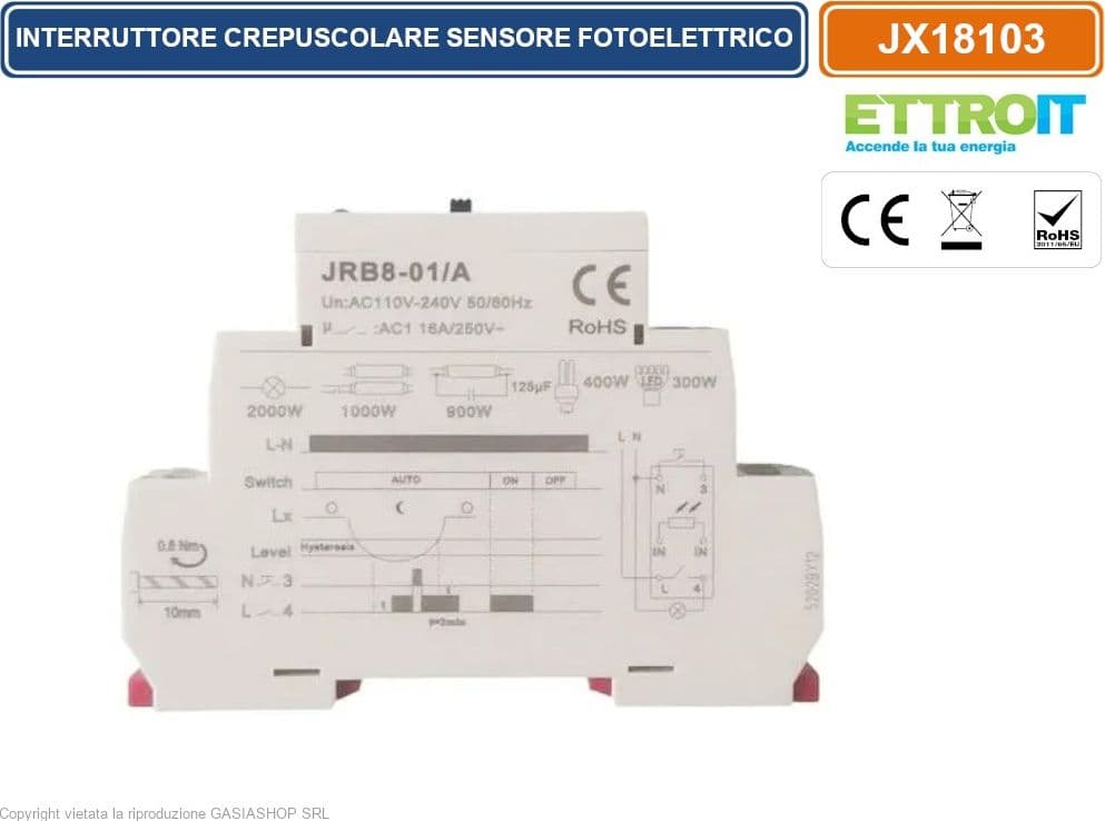 ETTROIT JX18103 INTERRUTTORE CREPUSCOLARE SU GUIDA DIN CON SENSORE FOTOELETTRICO AC 220V 16A - 4
