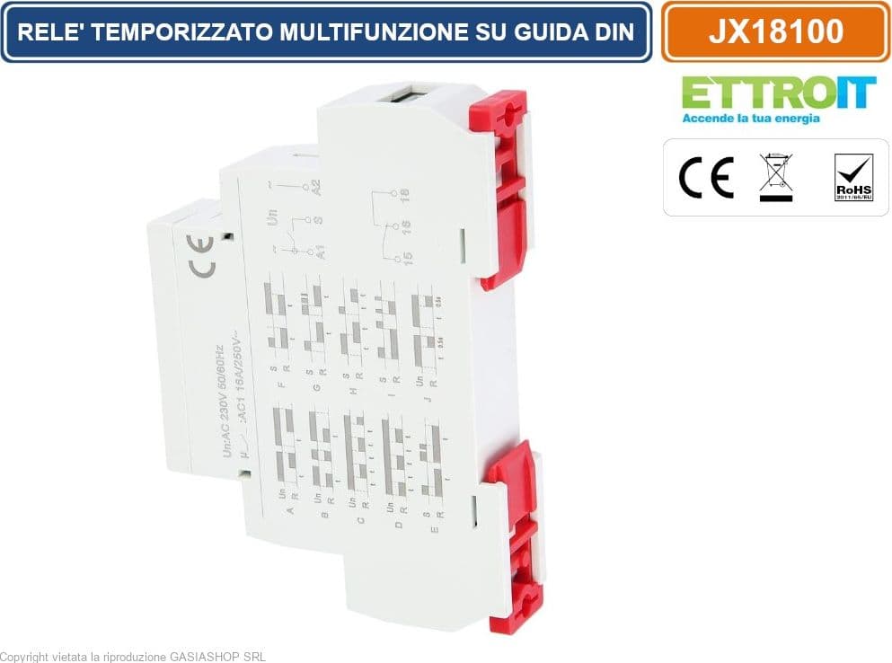 ETTROIT JX18100 RELE' TEMPORIZZATO MULTIFUNZIONE SU GUIDA DIN AC 230V 1SPDT 10 FUNZIONI 0.1SEC - 10 GIORNI - 2