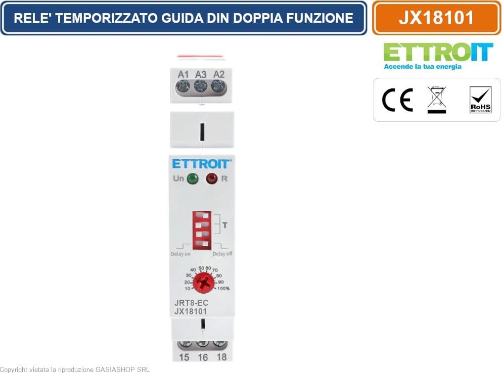 ETTROIT JX18101 RELE' TEMPORIZZATO SU GUIDA DIN CON DOPPIA FUNZIONE DI RITARDO ACCENSIONE/SPEGNIMENTOAC AC 230V 1 SPDT 10A - 2