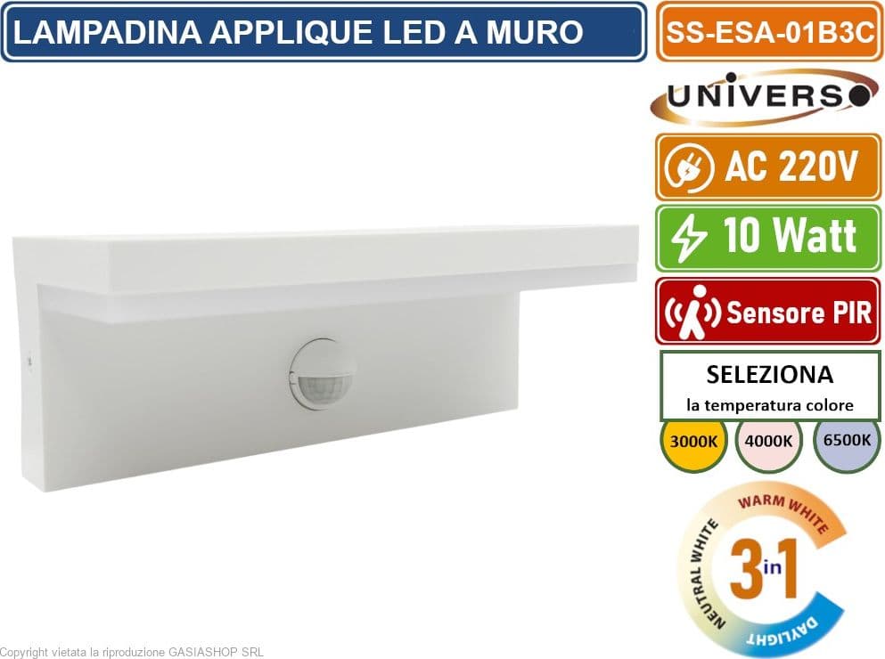 APPLIQUE LAMPADA LED DA MURO BIANCA 10W  SMD SENSORE PIR DI MOVIMENTO CCT 3IN1 CAMBIA COLORE DA ESTERNO IP54 - 2