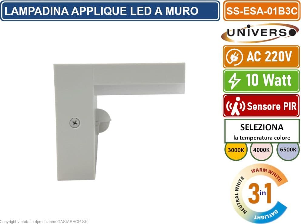 APPLIQUE LAMPADA LED DA MURO BIANCA 10W  SMD SENSORE PIR DI MOVIMENTO CCT 3IN1 CAMBIA COLORE DA ESTERNO IP54 - 3