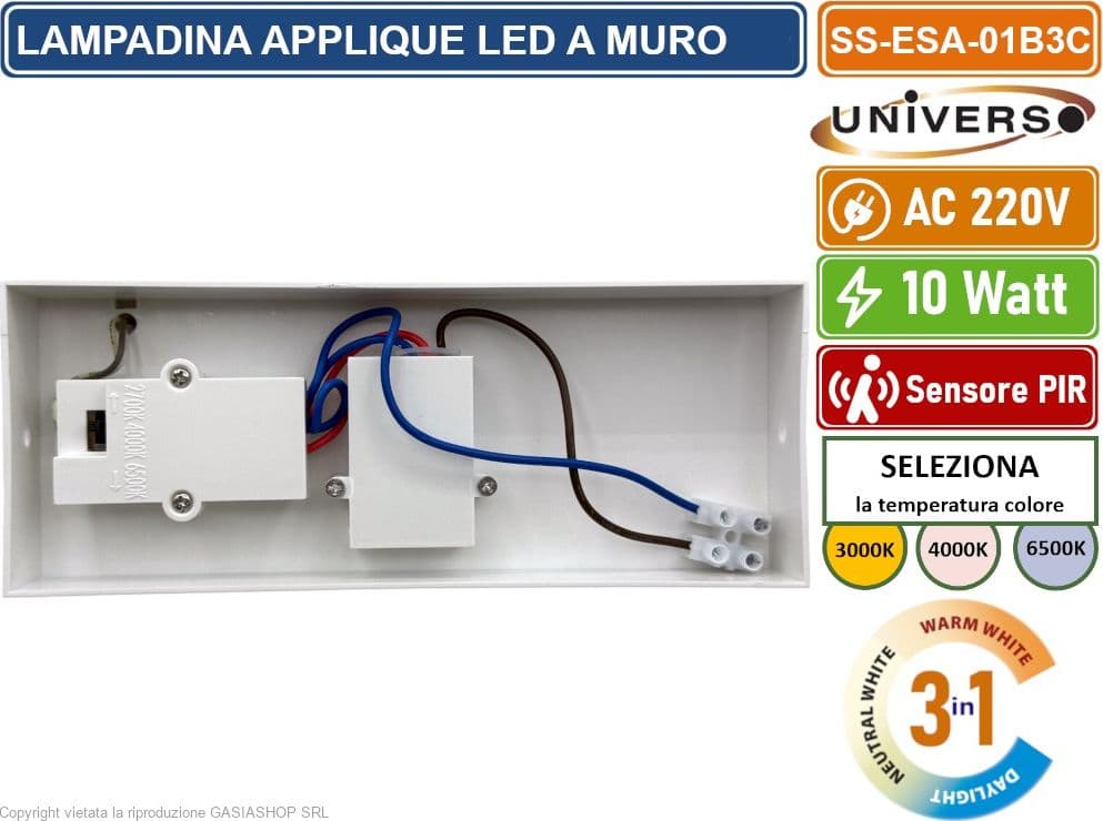 APPLIQUE LAMPADA LED DA MURO BIANCA 10W  SMD SENSORE PIR DI MOVIMENTO CCT 3IN1 CAMBIA COLORE DA ESTERNO IP54 - 4