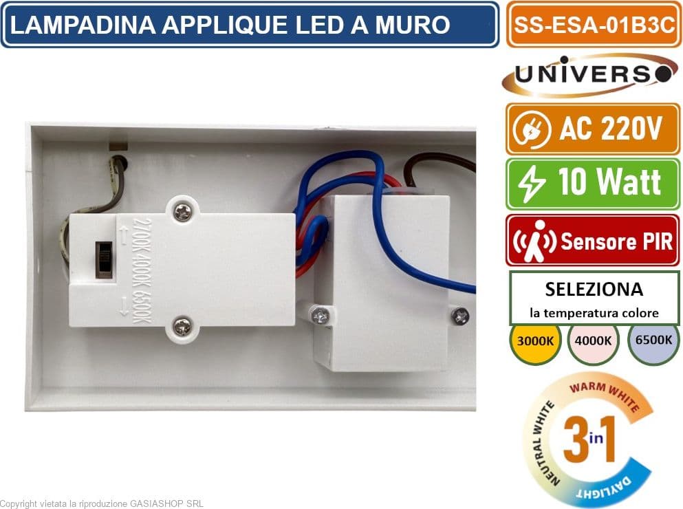 APPLIQUE LAMPADA LED DA MURO BIANCA 10W  SMD SENSORE PIR DI MOVIMENTO CCT 3IN1 CAMBIA COLORE DA ESTERNO IP54 - 5