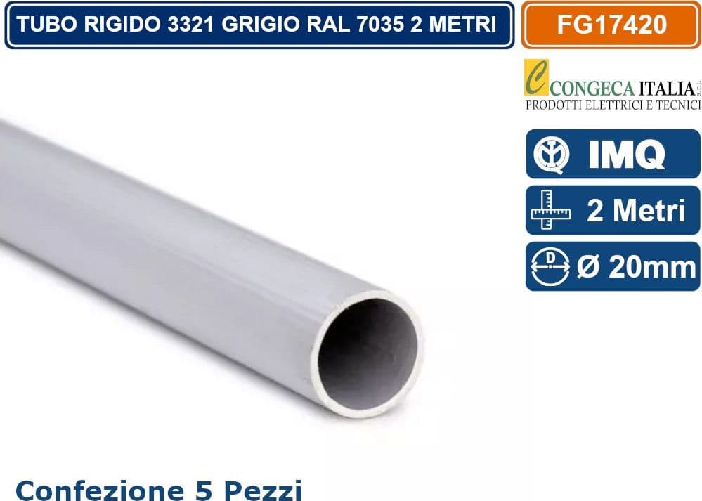 CONFEZIONE 5 PEZZI TUBO RIGIDO 3321 GRIGIO RAL 7035 LUNGHEZZA 2 METRI  DIAMETRO Ø 20MM - 2