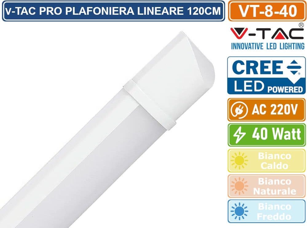V-TAC VT-8-40 TUBO LED PRISMATICO PLAFONIERA 40W LAMPADINA 120CM CHIP LED CREE IP20- SKU 203506 / 203516 / 203526 - 2