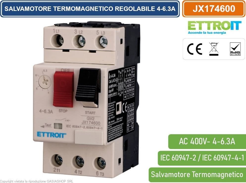 ETTROIT JX174600 SALVAMOTORE TERMOMAGNETICO REGOLABILE 4-6.3A TRIFASE GV2 PROTEZIONE MOTORE