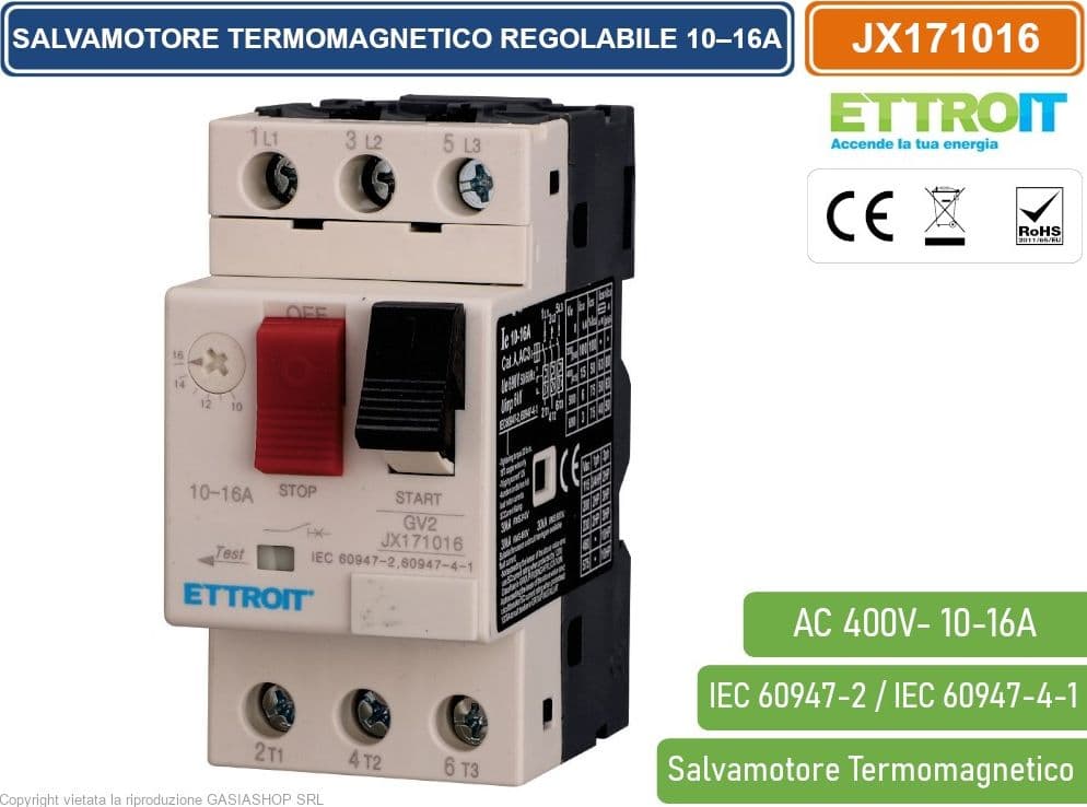ETTROIT JX171016 SALVAMOTORE TERMOMAGNETICO REGOLABILE 10–16A TRIFASE GV2 PROTEZIONE MOTORE