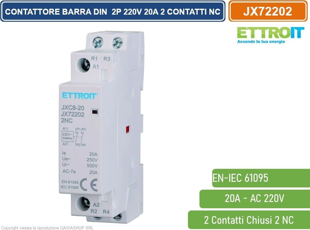 ETTROIT - AC CONTATTORE MODULARE SU BARRA DIN AC 2P 220V 20A 2 CONTATTI CHIUSI NC