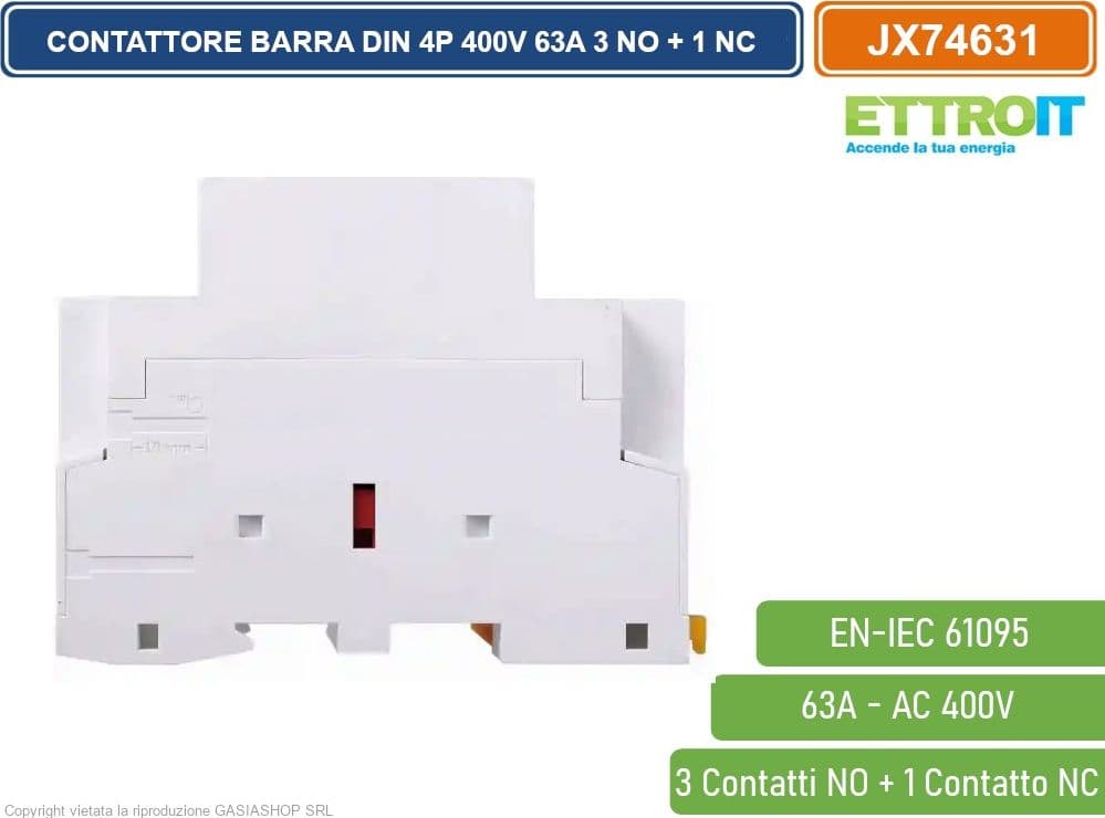 ETTROIT - CONTATTORE MODULARE SU BARRA DIN 4P 63A 400V 3 CONTATTI APERTI NO + 1 CONTATTO CHIUS0 NC - 2