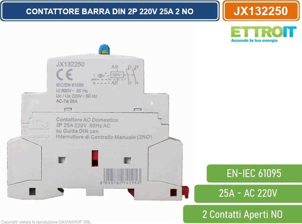 ETTROIT JX132250 CONTATTORE DOMESTICO DIN AC 220V 2P 25A 50HZ CON INTERRUTTORE DI CONTROLLO MANUALE 2 CONTATTI APERTI NO - 3