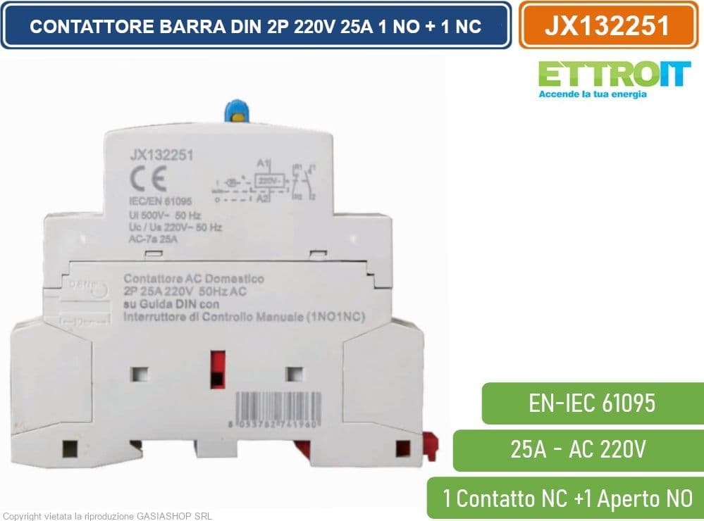 ETTROIT JX132251 CONTATTORE DOMESTICO DIN AC 220V 2P 25A 50HZ CON INTERRUTTORE DI CONTROLLO MANUALE 1 CONTATTO APERTO NO + 1 CONTATTO CHIUSO NC - 3