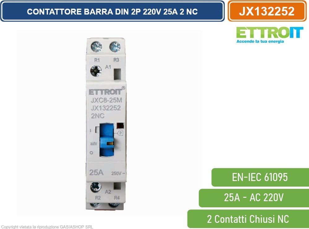 ETTROIT JX132252 CONTATTORE DOMESTICO DIN AC 220V 2P 25A 50HZ CON INTERRUTTORE DI CONTROLLO MANUALE 2 CONTATTI CHIUSI NC - 2