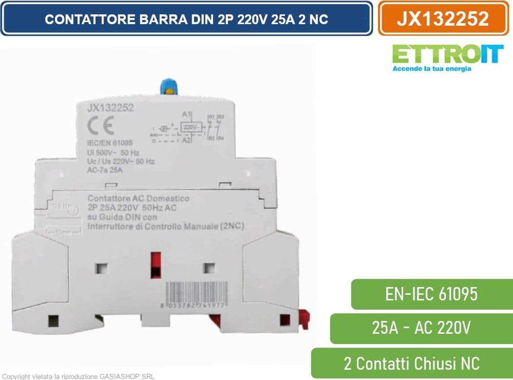 ETTROIT JX132252 CONTATTORE DOMESTICO DIN AC 220V 2P 25A 50HZ CON INTERRUTTORE DI CONTROLLO MANUALE 2 CONTATTI CHIUSI NC - 3