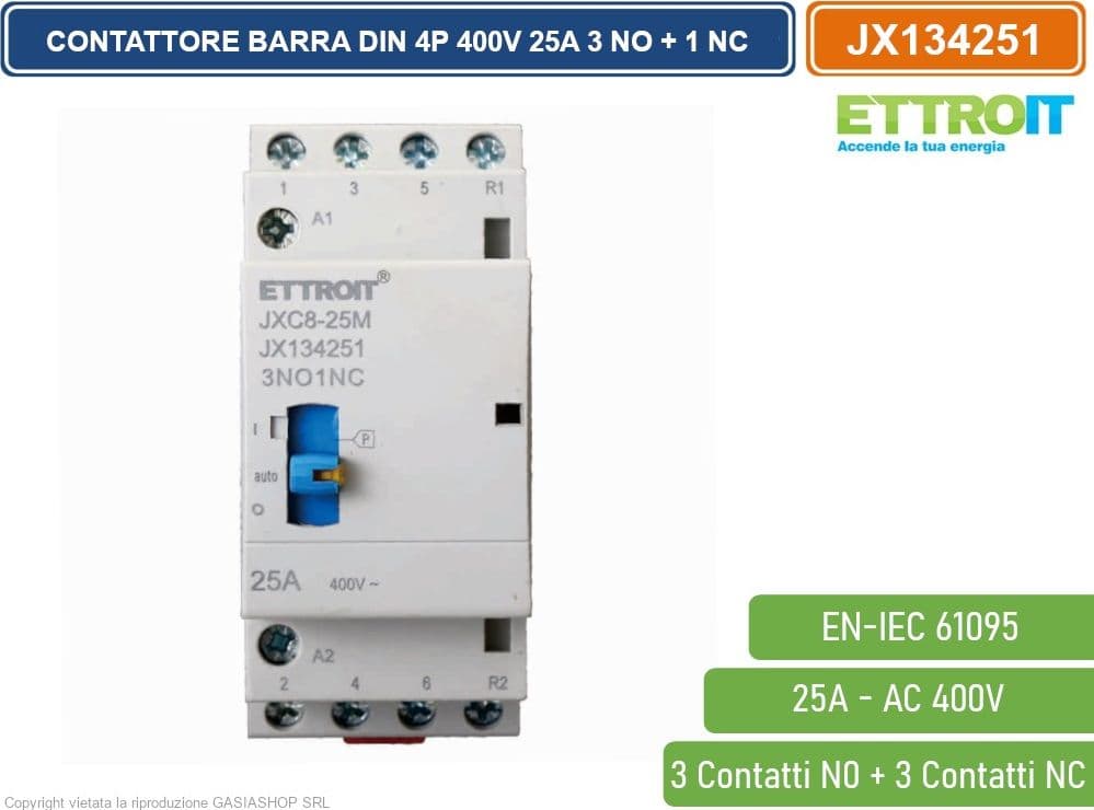 ETTROIT JX134251 CONTATTORE DOMESTICO DIN AC 220V 4P 25A 50HZ CON INTERRUTTORE DI CONTROLLO MANUALE 3 CONTATTI APERTI NO + 1 CONTATTO CHIUSO NC - 2
