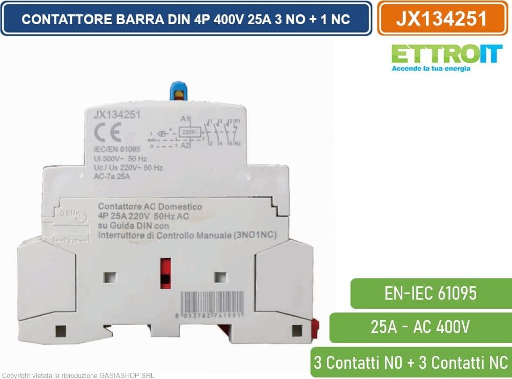 ETTROIT JX134251 CONTATTORE DOMESTICO DIN AC 220V 4P 25A 50HZ CON INTERRUTTORE DI CONTROLLO MANUALE 3 CONTATTI APERTI NO + 1 CONTATTO CHIUSO NC - 3