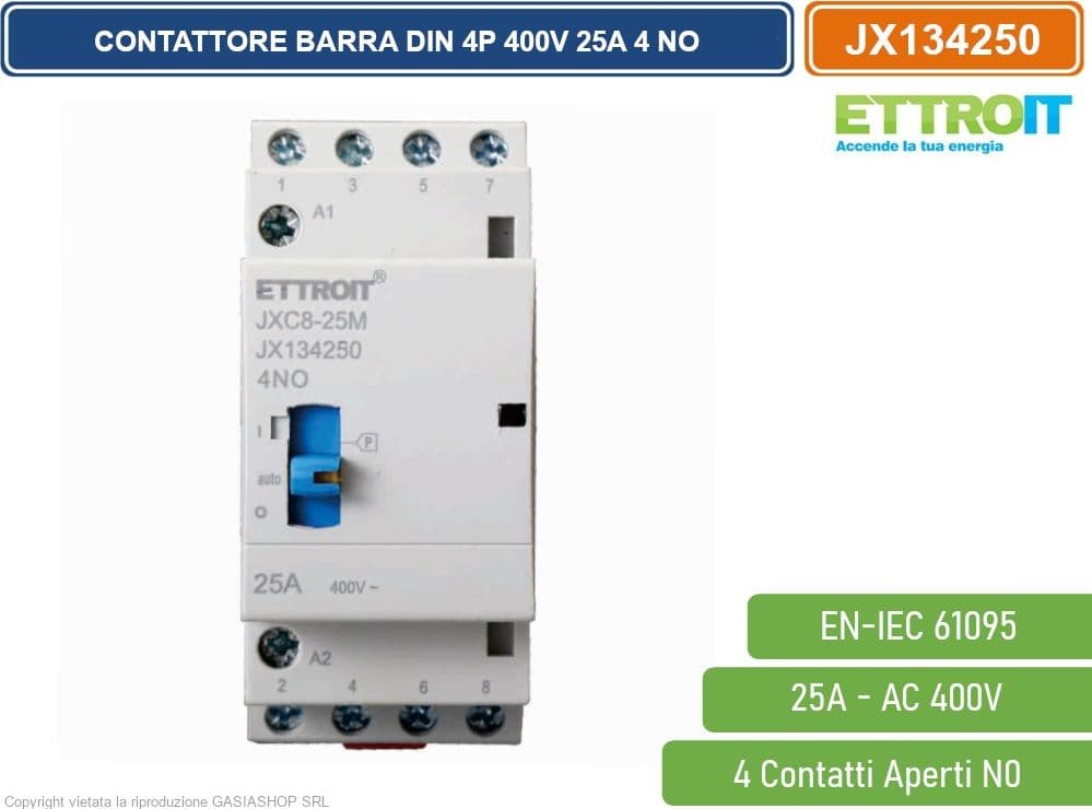ETTROIT JX134250 CONTATTORE DOMESTICO DIN AC 220V 4P 25A 50HZ CON INTERRUTTORE DI CONTROLLO MANUALE 4 CONTATTI APERTI NO - 2