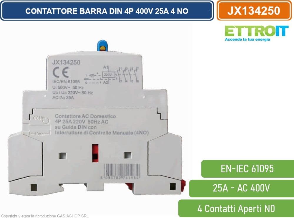 ETTROIT JX134250 CONTATTORE DOMESTICO DIN AC 220V 4P 25A 50HZ CON INTERRUTTORE DI CONTROLLO MANUALE 4 CONTATTI APERTI NO - 3